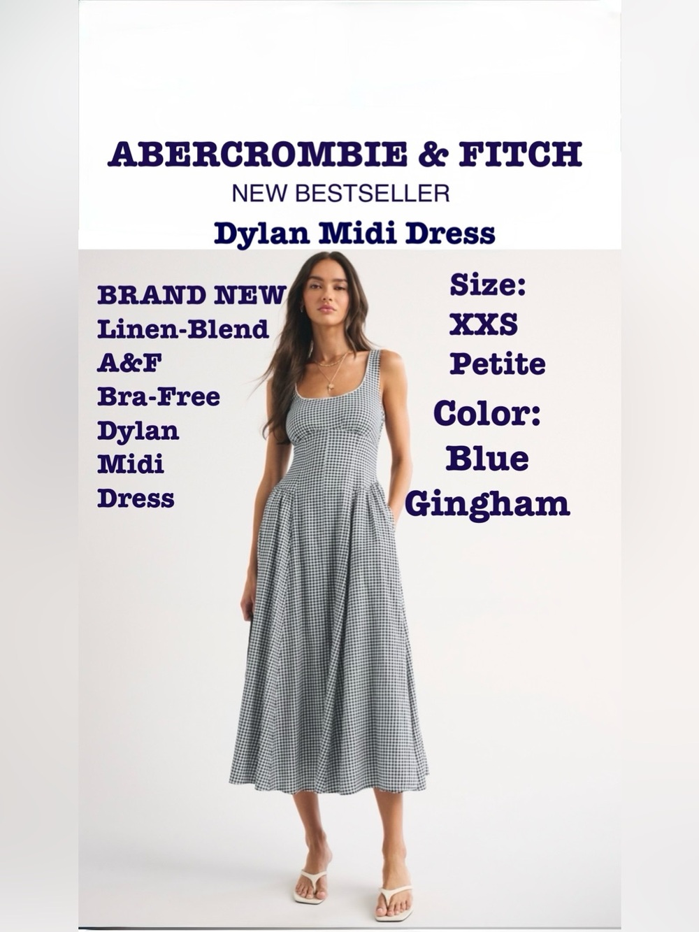 Abercrombie & Fitch BLUE GINGHAM Linen-Blend Bra-Free Dylan Midi Dress NWT